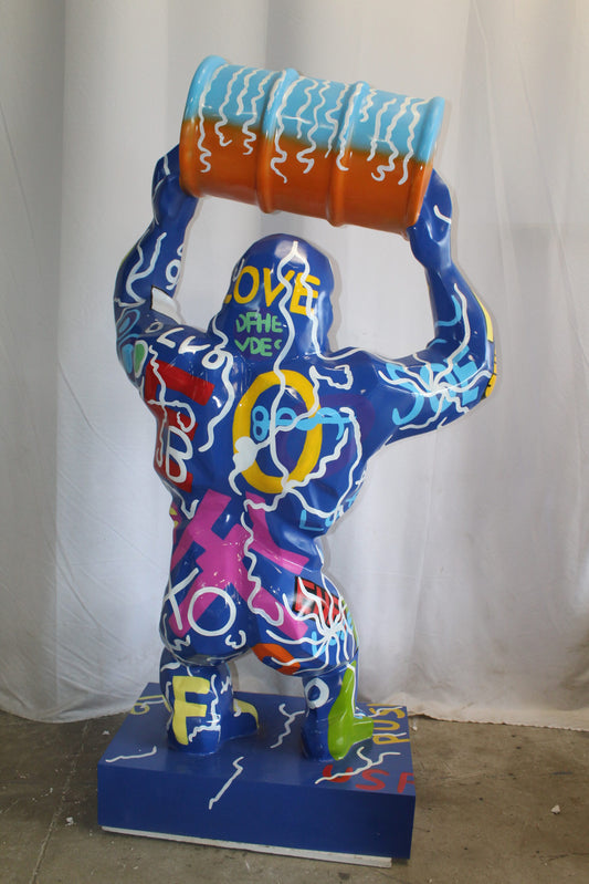 King Kong With Barrell Modern Graffiti Resin Statue on Base 47" x 21" x 60"H