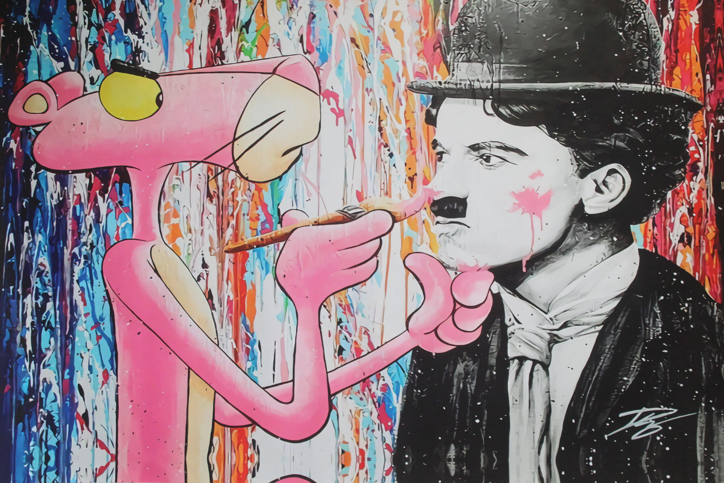 Pink Panther and Charli Chaplin Pop Art Giant size Unstretched Painting, 64"x44"