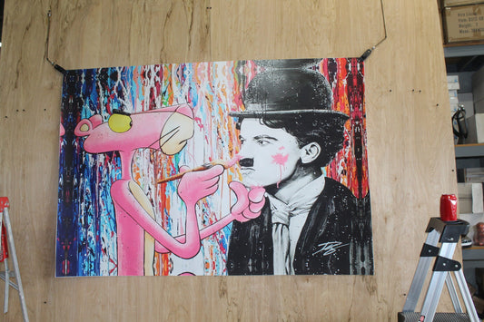 Pink Panther and Charli Chaplin Pop Art Giant size Unstretched Painting, 64"x44"