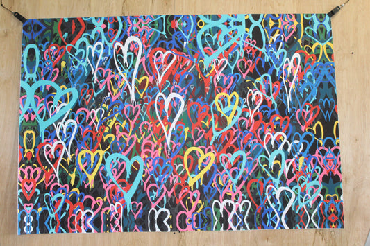 Graffiti Hearts Love, A giant Pop Art Unstretched Painting on Canvas, 64"x44"