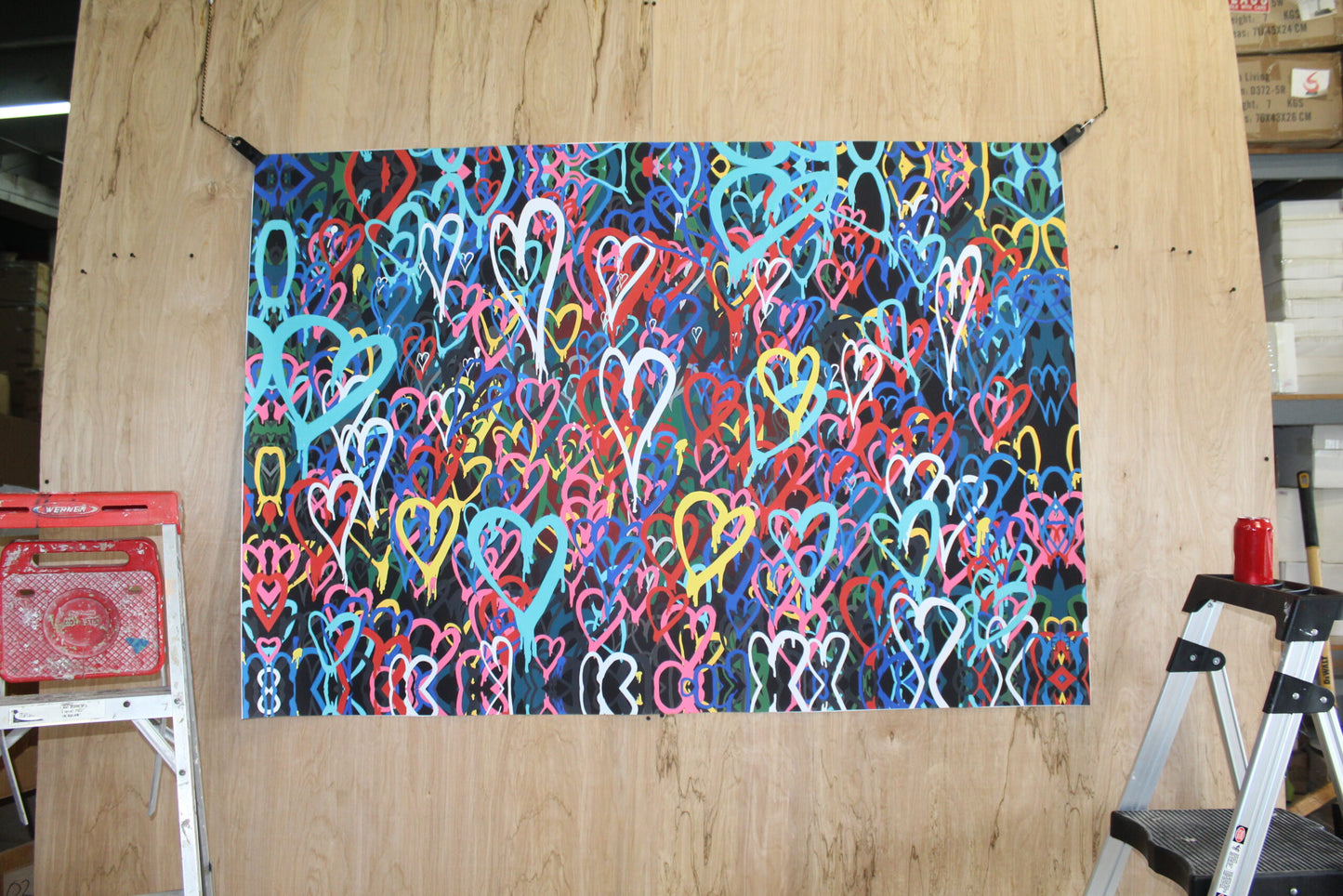Graffiti Hearts Love, A giant Pop Art Unstretched Painting on Canvas, 64"x44"