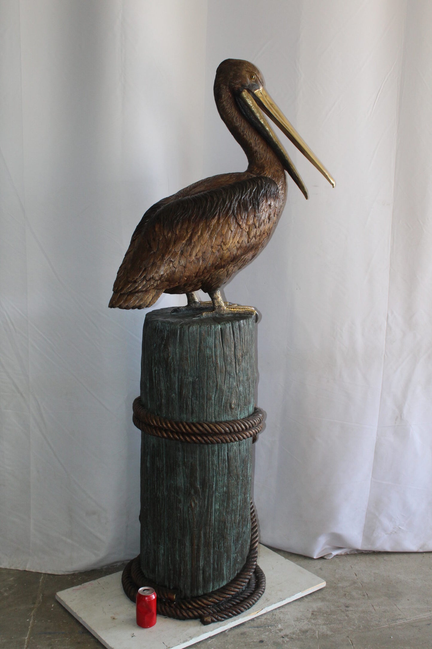 Lifesize Bronze Pelican Fountain Mounted on a Tree Stamp 33" x 23" x 73"H