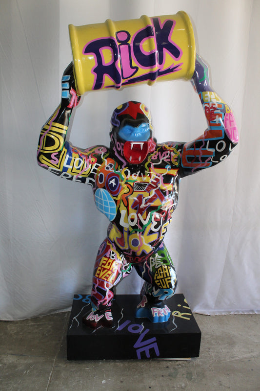Giant Resin Gorilla Statue Holding a Barrell 28" x 21" x 83"H