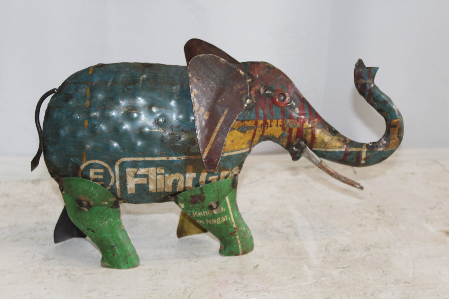 Vibrant Thin Metal Elephant Statue, a Colorful Decor Delight 6" x 17" x 10"H