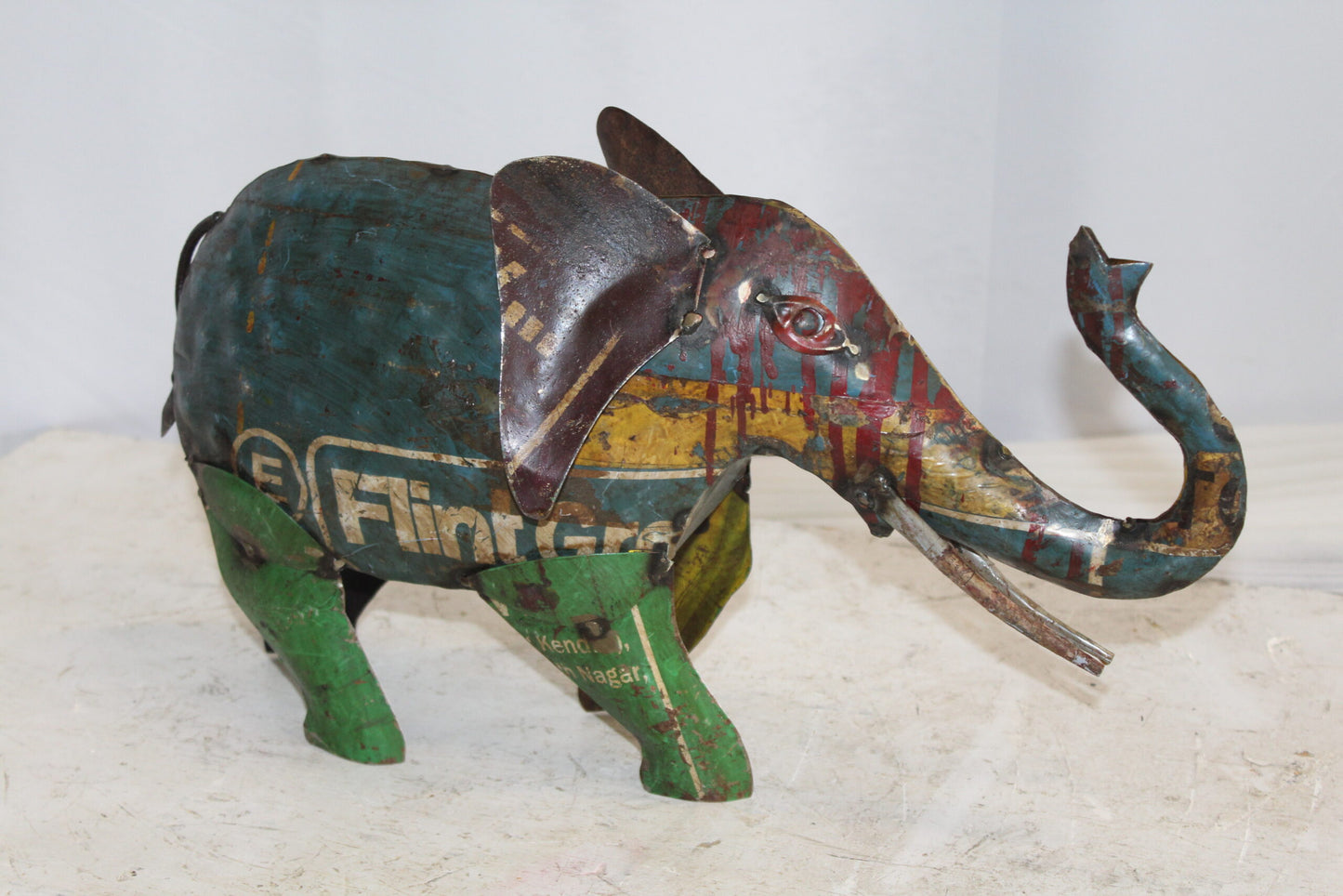 Vibrant Thin Metal Elephant Statue, a Colorful Decor Delight 6" x 17" x 10"H