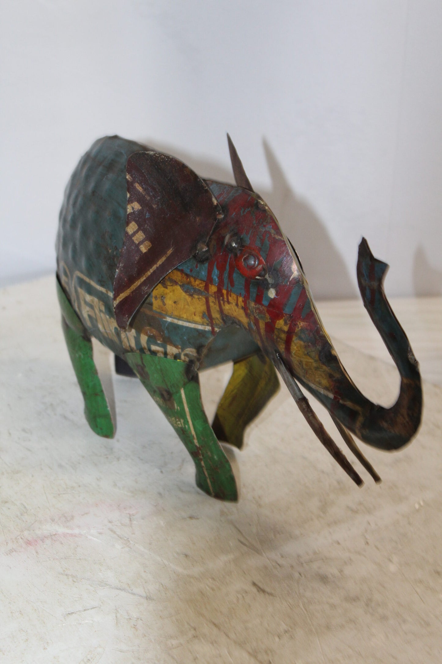 Vibrant Thin Metal Elephant Statue, a Colorful Decor Delight 6" x 17" x 10"H