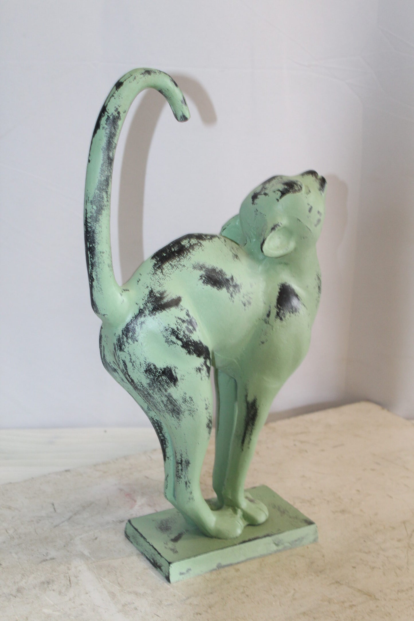 Aluminum Cat Statue With Green Patina Finish, Timeless Elegance 11" x 5" x 20"H
