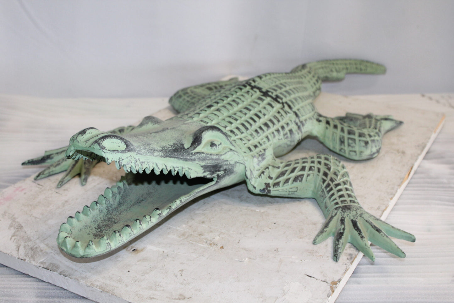 Green Patina Alligator Made of Aluminum Statue Embracing Nature 24" x 39" x 7"H