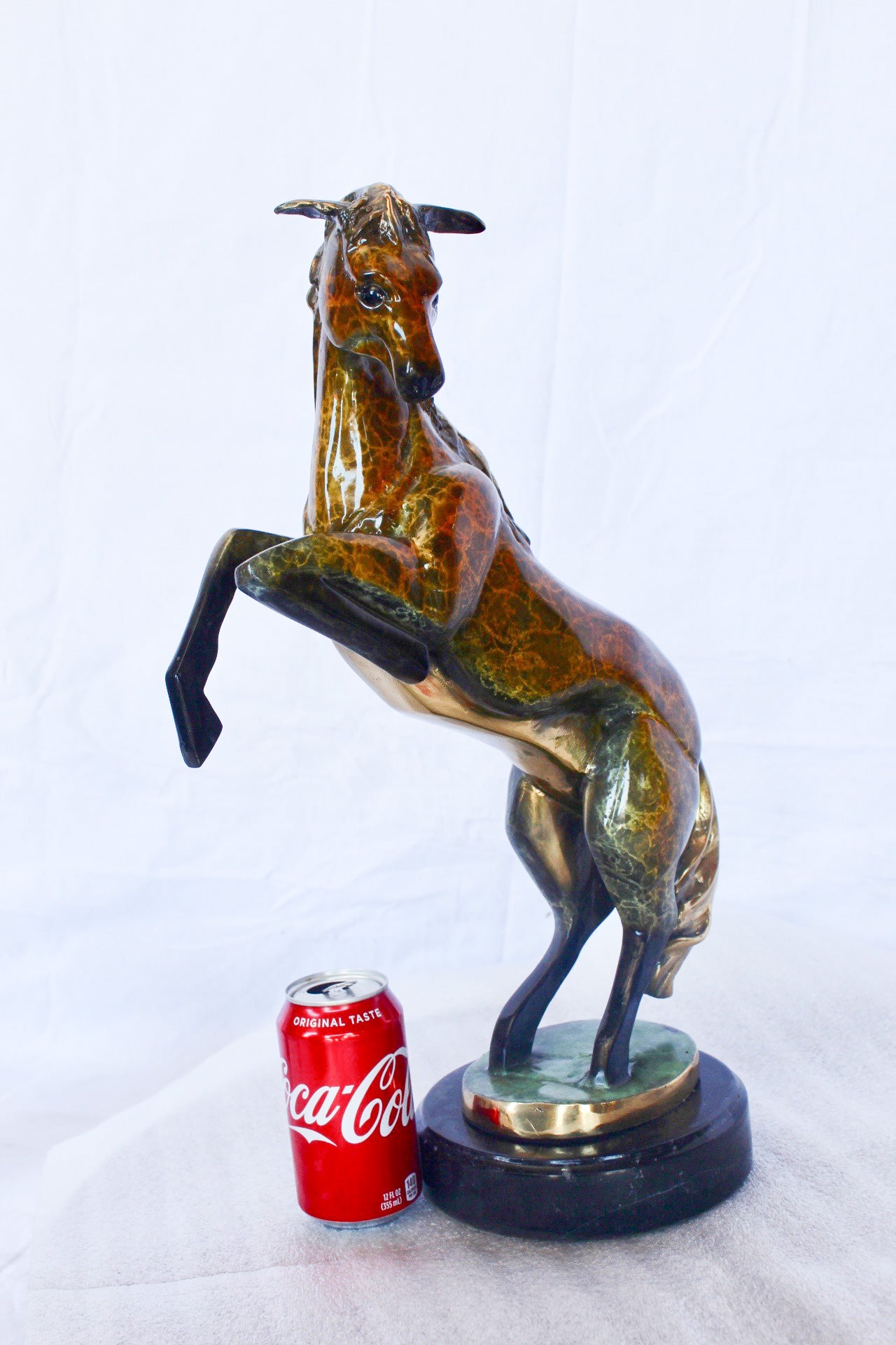 Colored rearing horse bronze statue -  Size: 14"L x 7"W x 21"H.