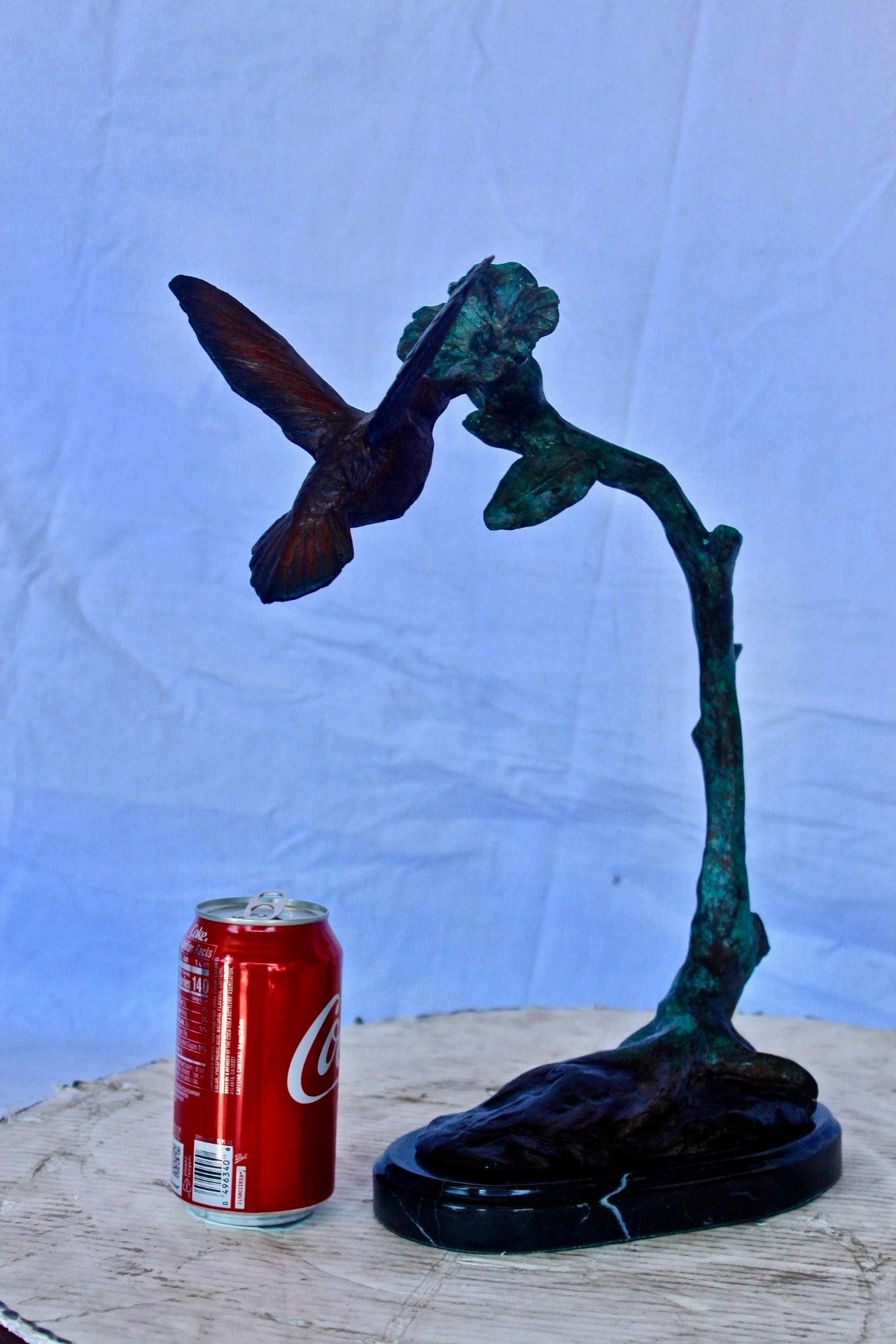 Hummingbird with flower bronze statue - Size: 12"L x 7"W x 15"H.
