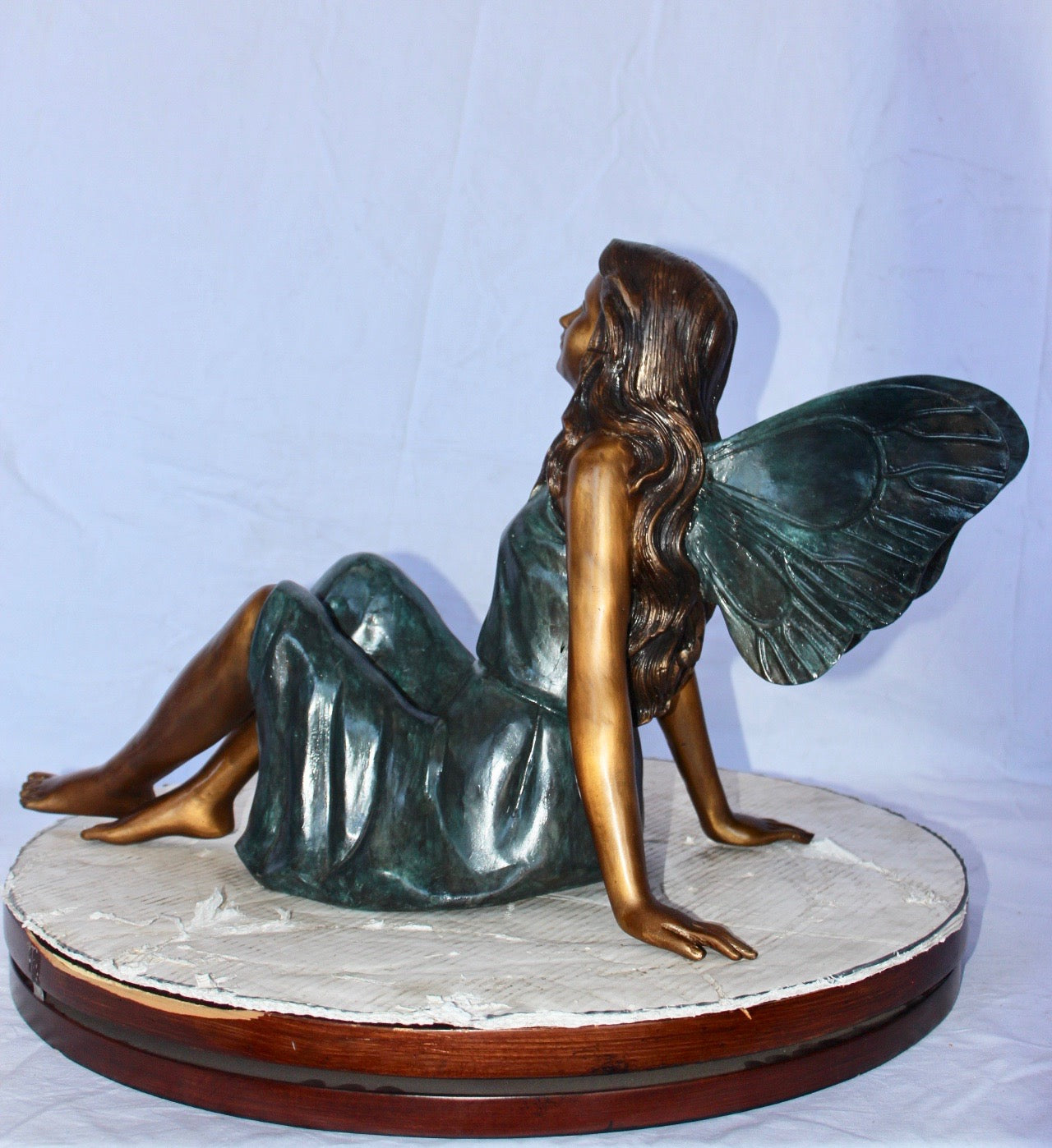 Fairy angel sitting peacefully bronze statue -  Size: 27"L x 12"W x 16"H.
