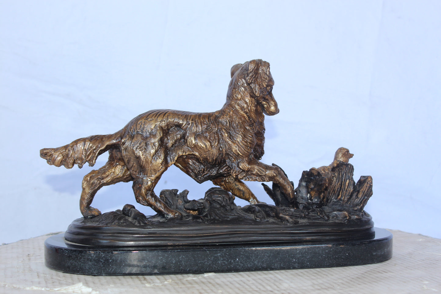 Golden retriever enjoying the outdoors bronze statue - Size: 16"L x 7"W x 9"H.
