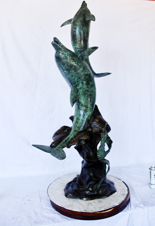 Set of jumping dolphins bronze statue fountain - Size: 27"L x 16"W x 56"H.
