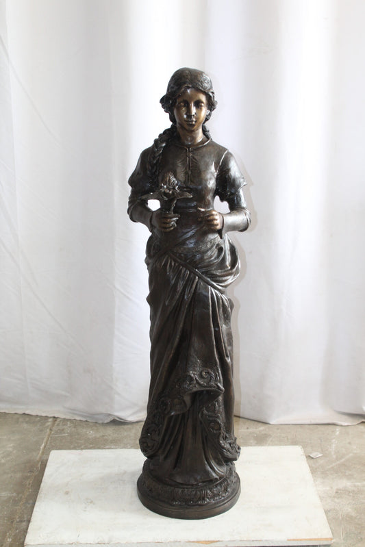 Classic Bronze Statue, Elegant Young Girl holding flowers 13" x 14" x 39"H