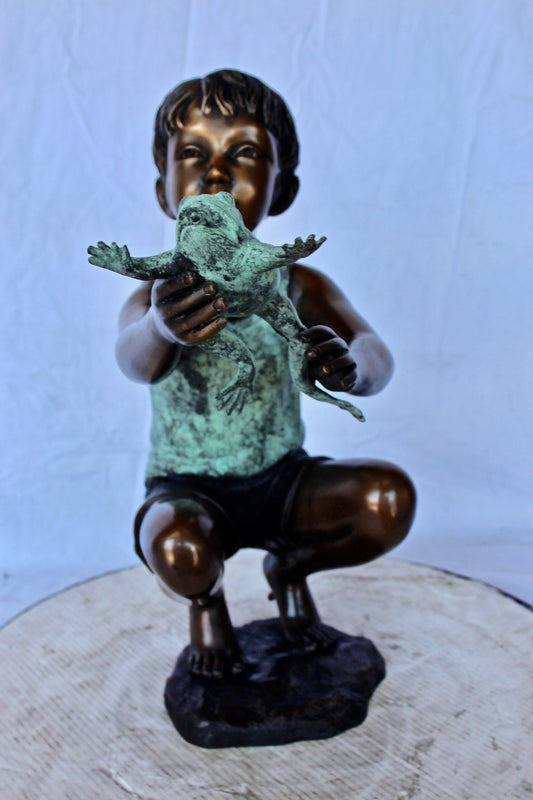 Young boy holding a frog bronze statue fountain -  Size: 18"L x 10"W x 22"H.