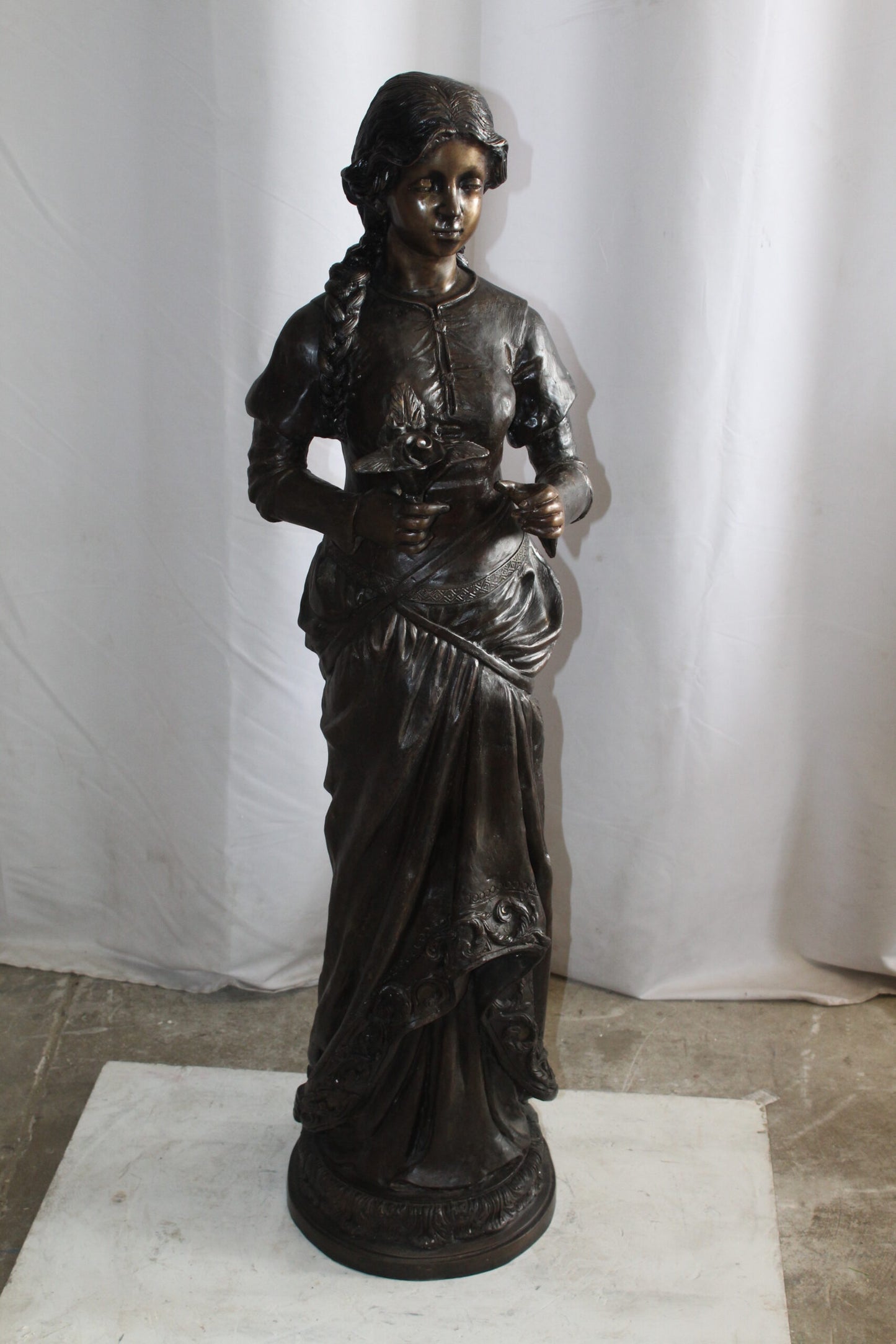 Classic Bronze Statue, Elegant Young Girl holding flowers 13" x 14" x 39"H