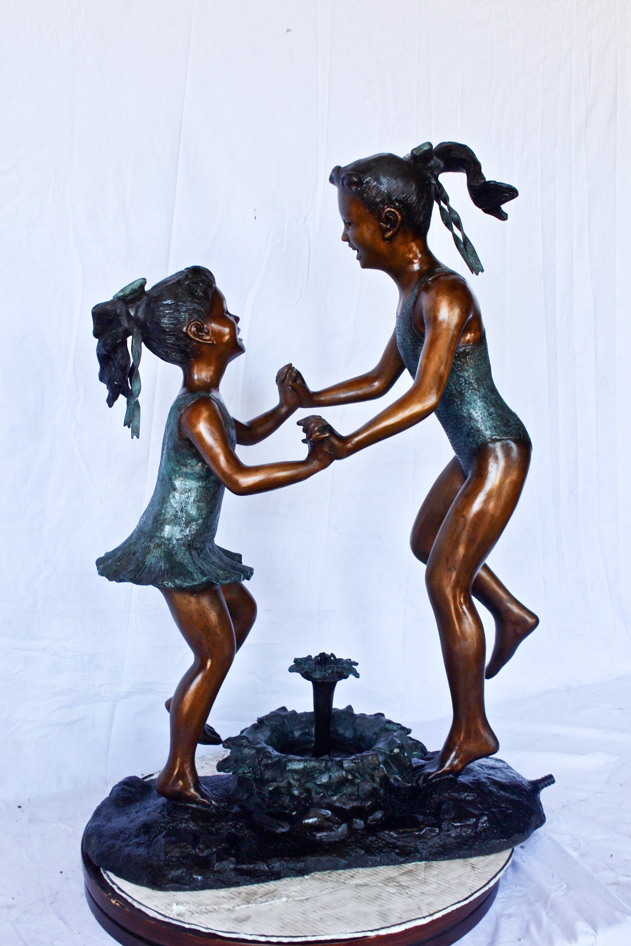 Young dancing girls circling fountain bronze statue - Size: 14" x 29" x 38"H.
