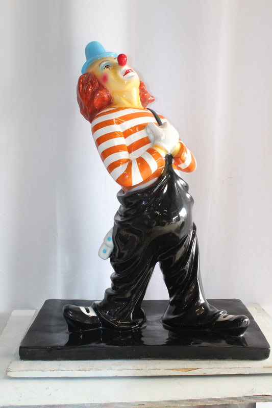 Colorful Fiberglass Clown Fiberglass Statue, Striped Shirt 27" x 17" x 39"H