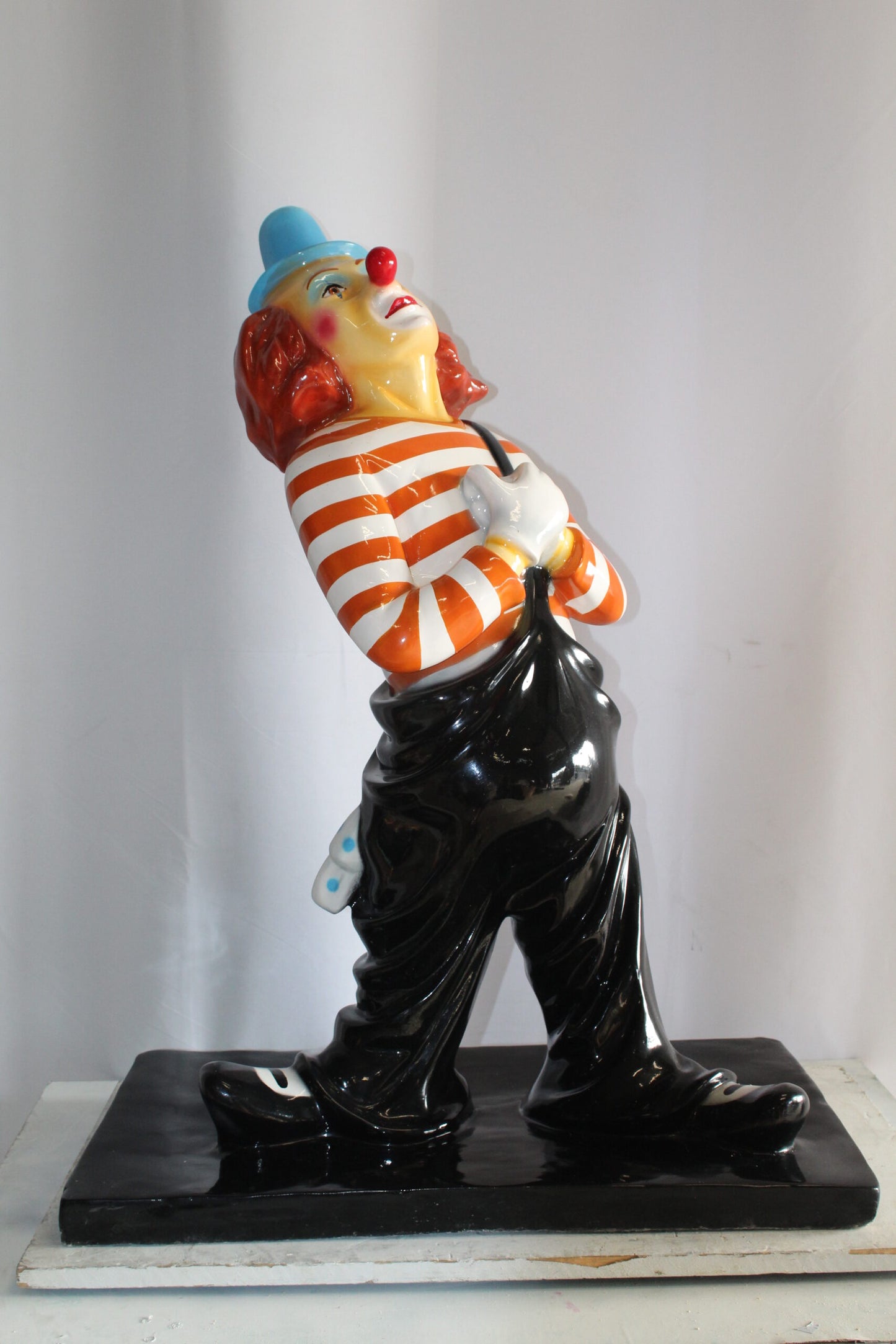 Colorful Fiberglass Clown Fiberglass Statue, Striped Shirt 27" x 17" x 39"H