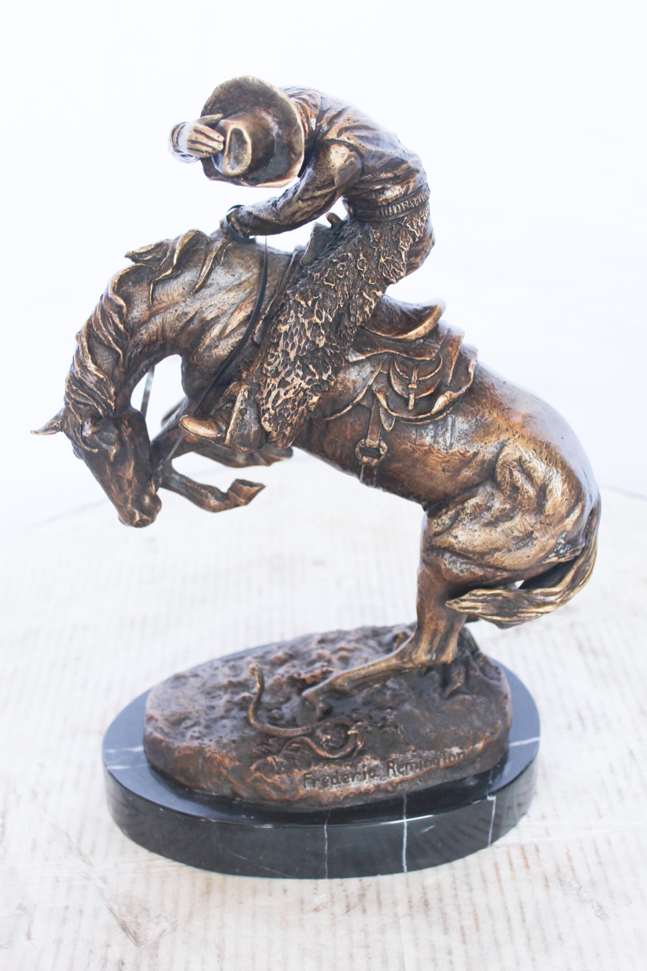 Frederic Remington replica Rattlesnake bronze statue - Size: 9"L x 6"W x 13"H.