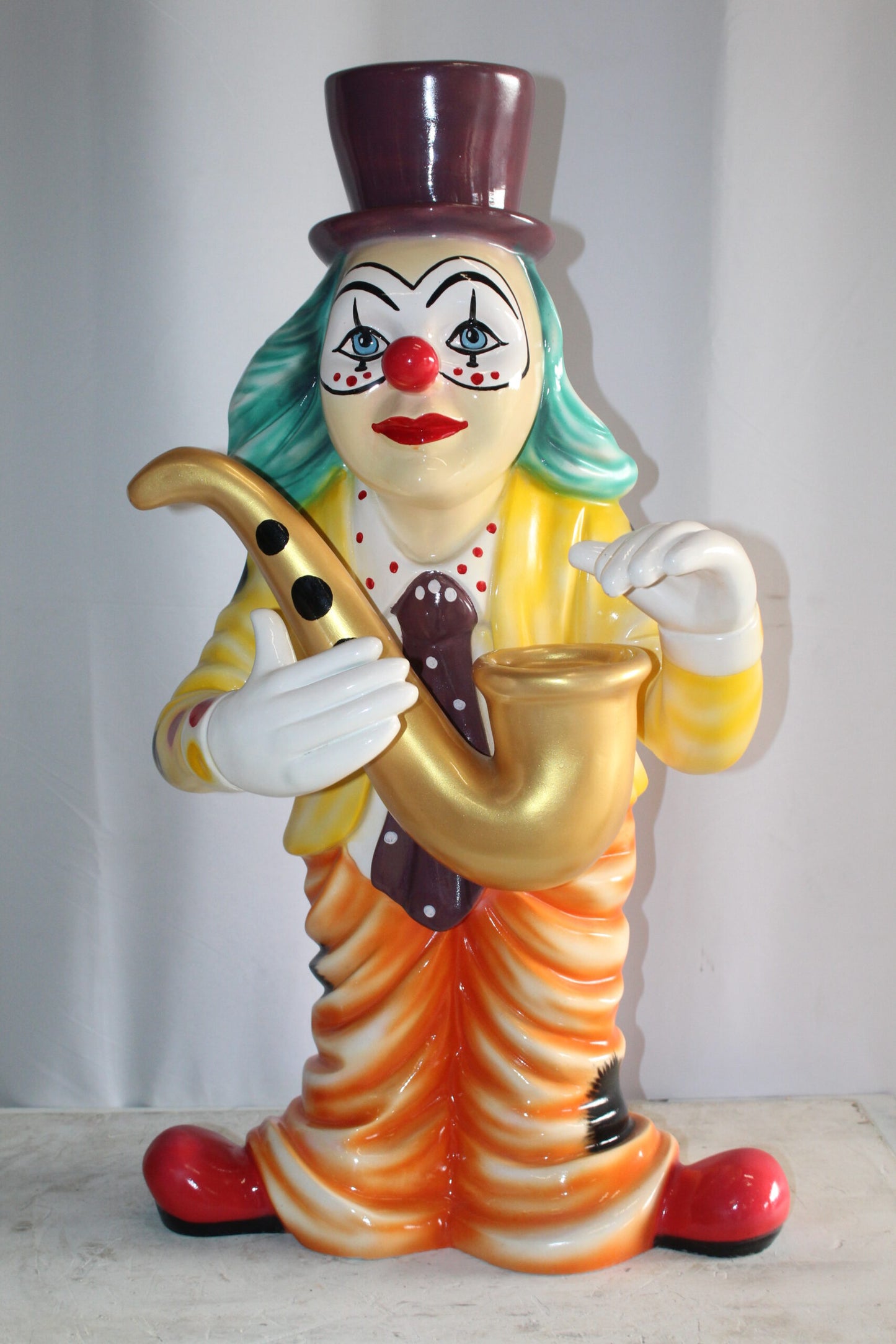 Whimsical Clown Fiberglass Statue, Jazzing Up with Saxophone 19" x 18" x 36"H