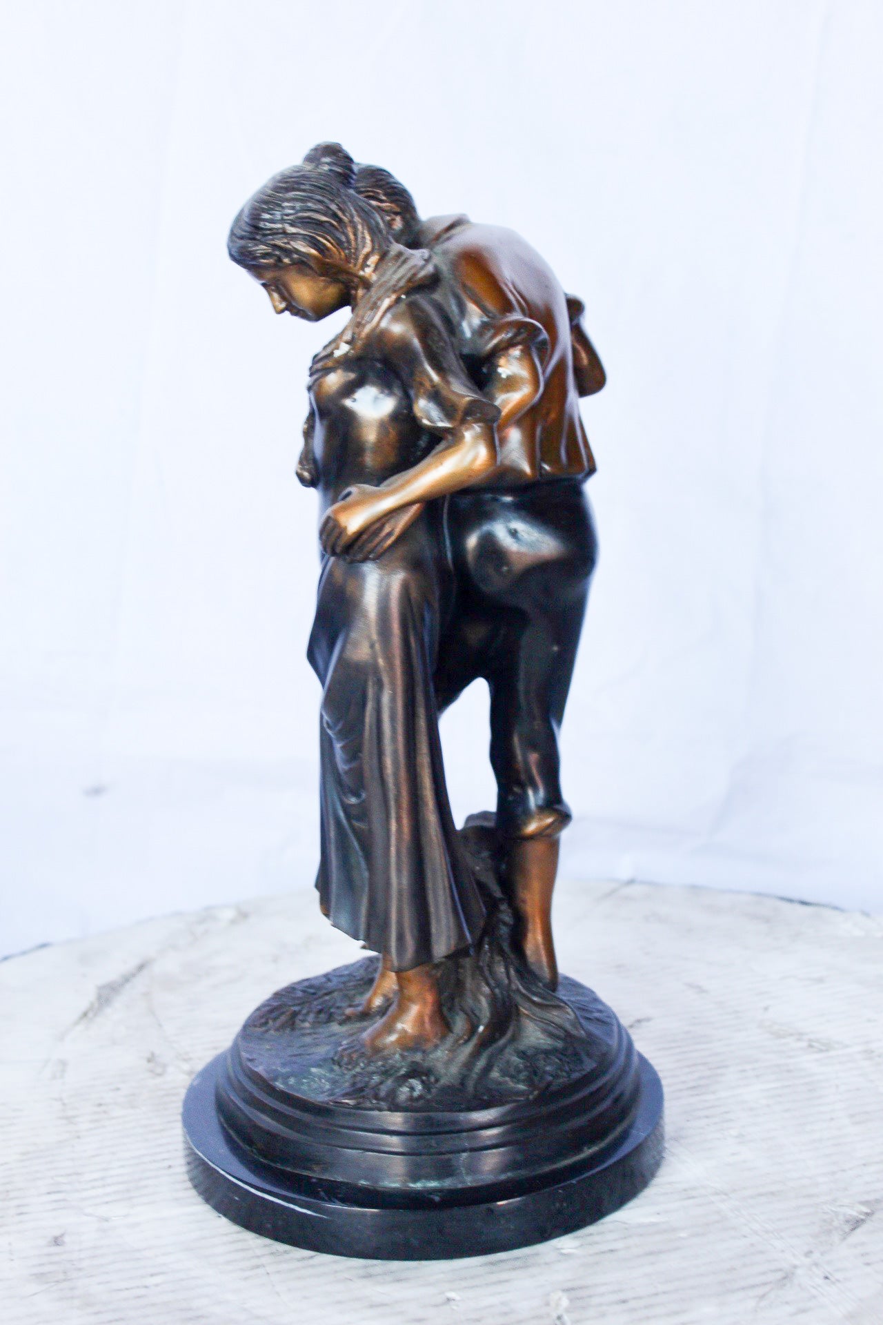 Two shy lovers bronze statue - Size: 8"L x 8"W x 15"H.