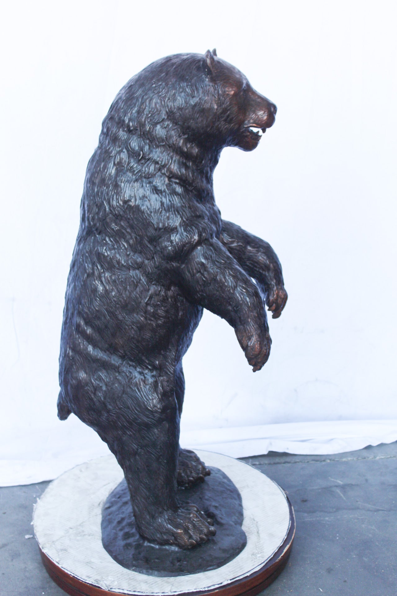 Baby bear on hind legs ready to attack bronze statue - Size: 21" x 19" x 40"H.
