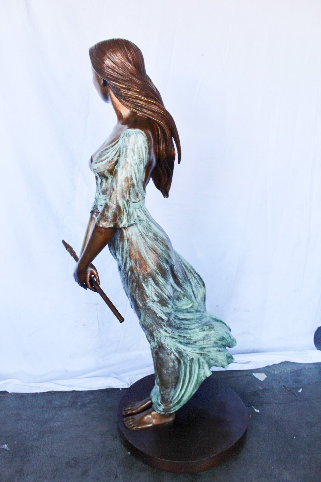 Beautifully exotic flutist women bronze statue - Size: 34"L x 25"W x 68"H.