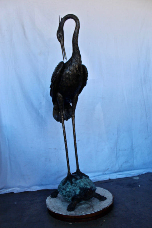 Blue Heron perched on turtle bronze statue fountain -  Size: 21"x 16"x 64"H