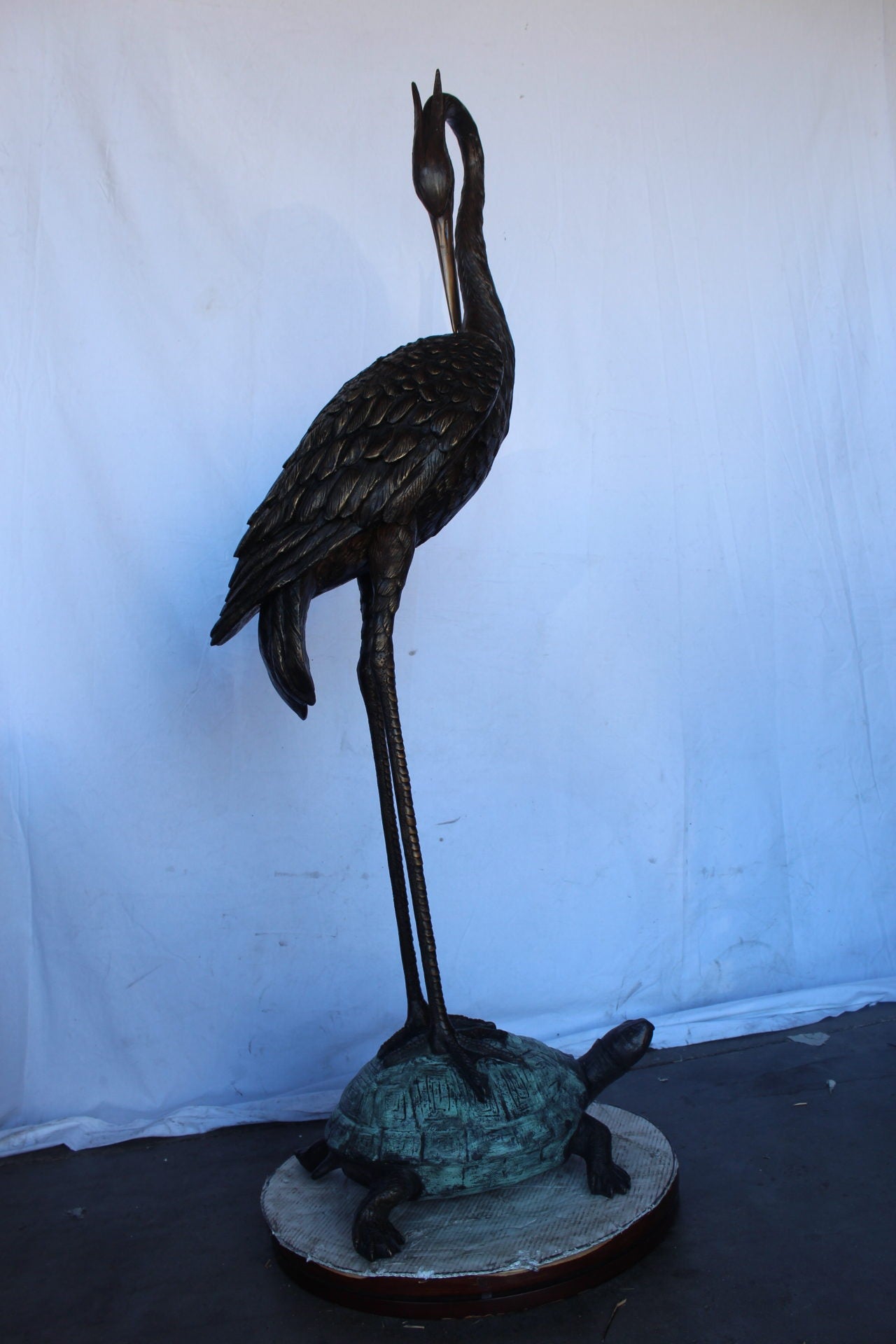 Blue Heron perched on turtle bronze statue fountain - Size: 21"x 16"x 64"H