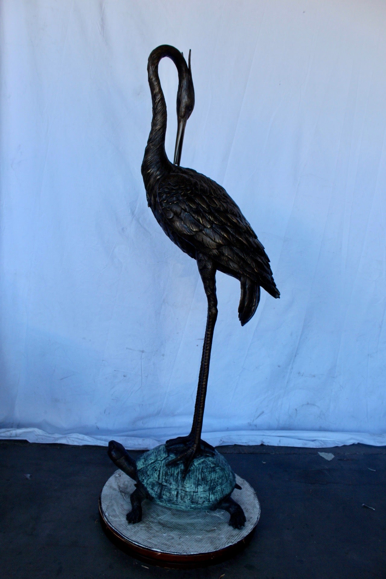 Blue Heron perched on turtle bronze statue fountain - Size: 21"x 16"x 64"H