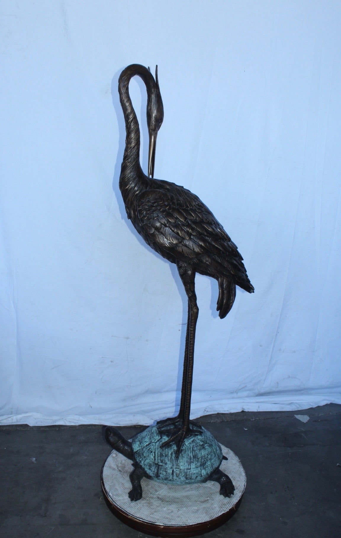 Blue Heron perched on turtle bronze statue fountain - Size: 21"x 16"x 64"H