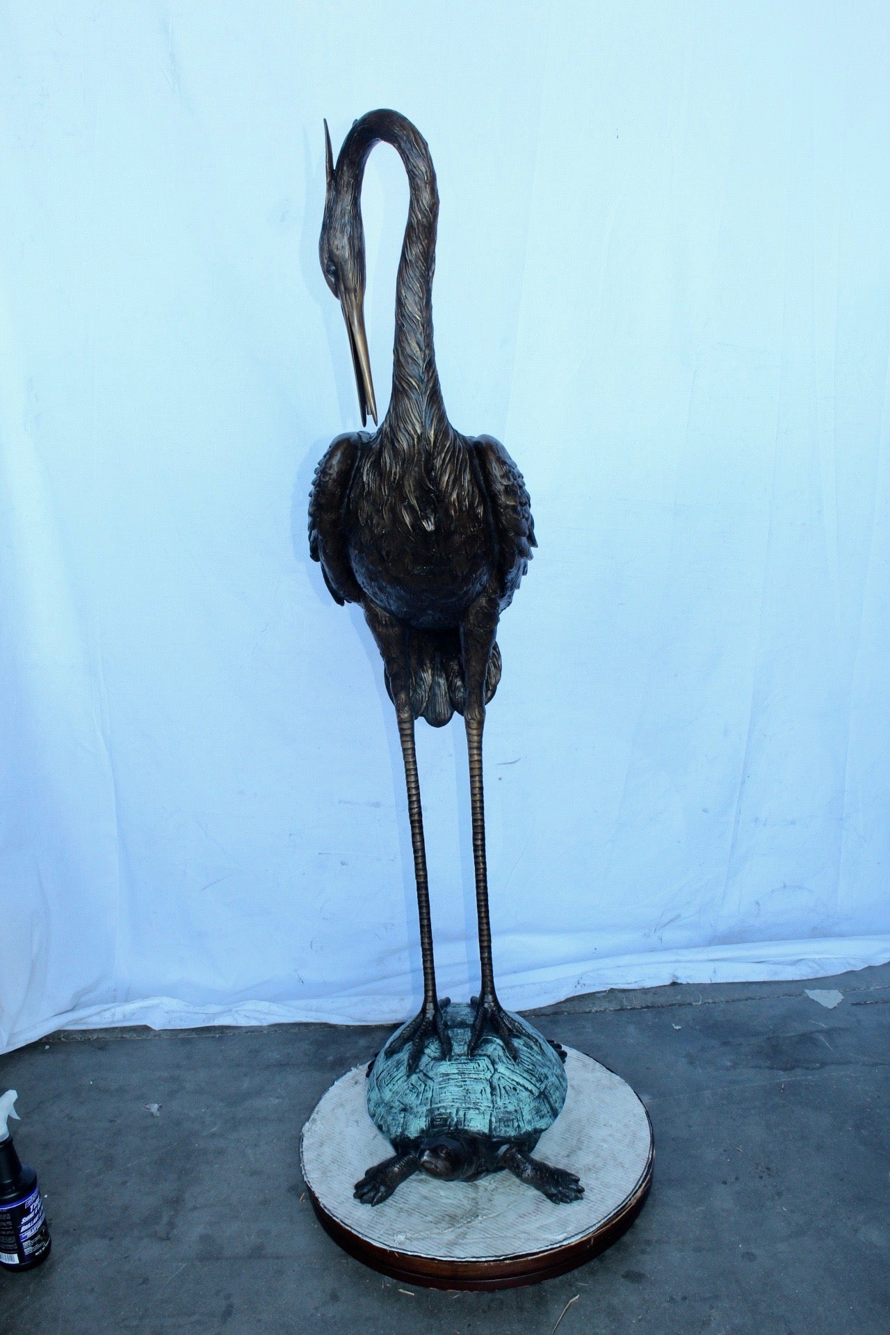 Blue Heron perched on turtle bronze statue fountain - Size: 21"x 16"x 64"H