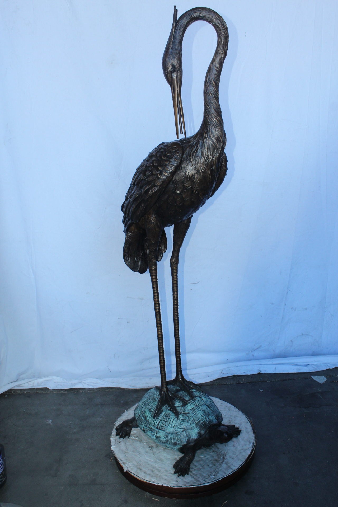 Blue Heron perched on turtle bronze statue fountain - Size: 21"x 16"x 64"H