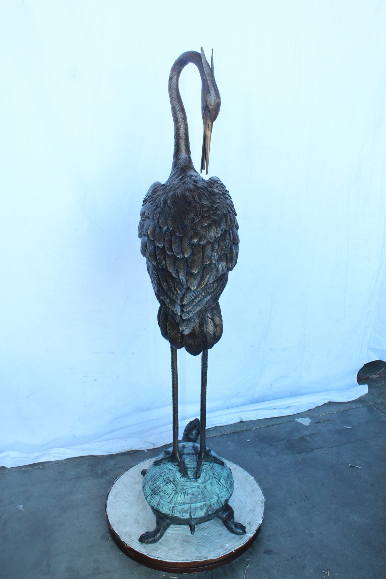Blue Heron perched on turtle bronze statue fountain - Size: 21"x 16"x 64"H