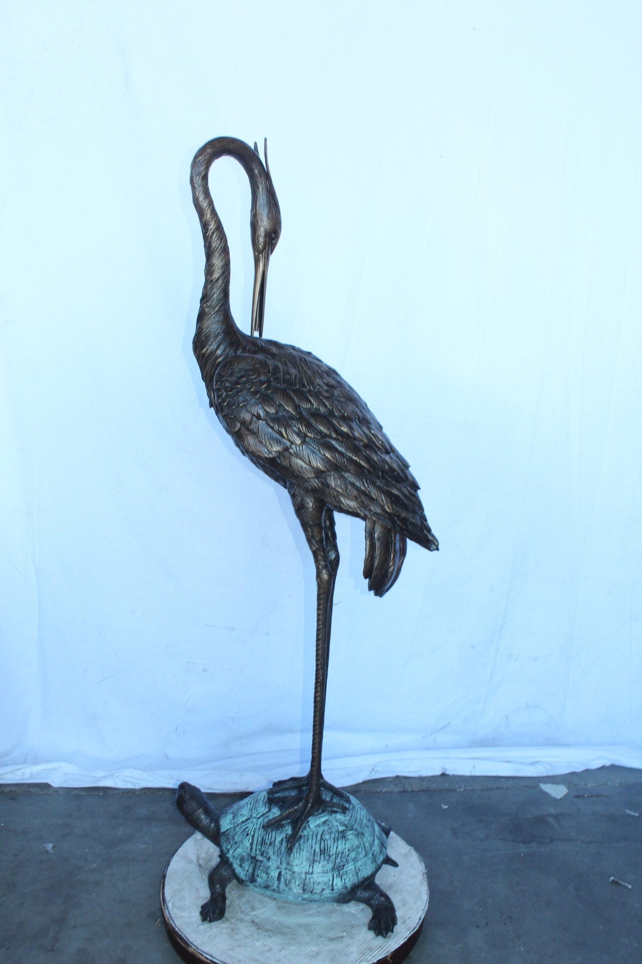 Blue Heron perched on turtle bronze statue fountain - Size: 21"x 16"x 64"H