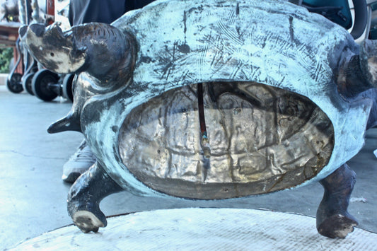 Blue Heron looking up on turtle bronze statue fountain  Size: 21" x 16" x 71"H.