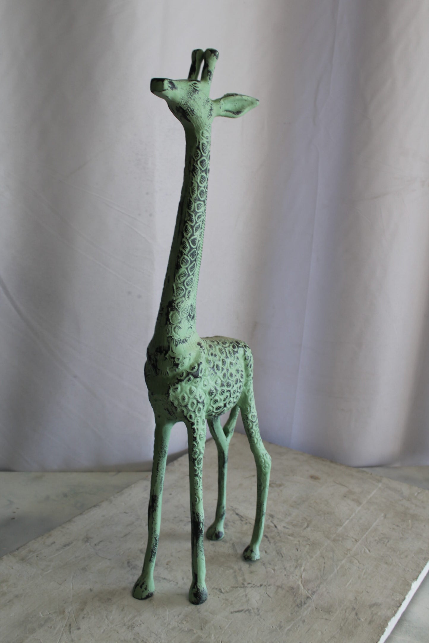 Aluminum Small Giraffe Statue with Green Patina Finish 10" x 4" x 27"H