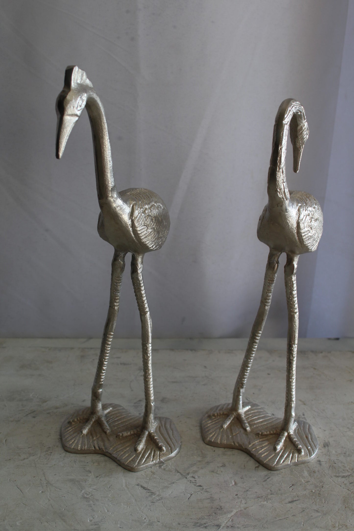 Art Deco Silver Flamingo Pair, Aluminum Decor Set 10" x 7" x 19"H