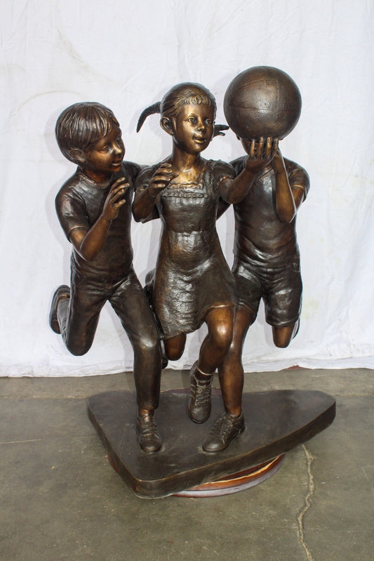Life Size Kids Playing Basketball Bronze Statue, Sport Art 44" x 35" x 45"H