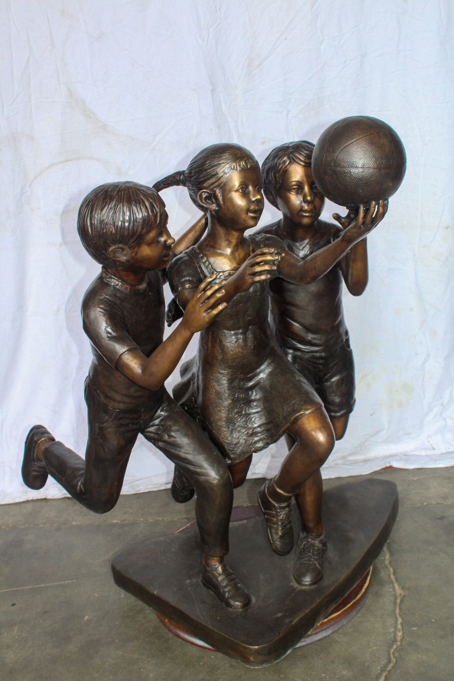 Life Size Kids Playing Basketball Bronze Statue, Sport Art 44" x 35" x 45"H