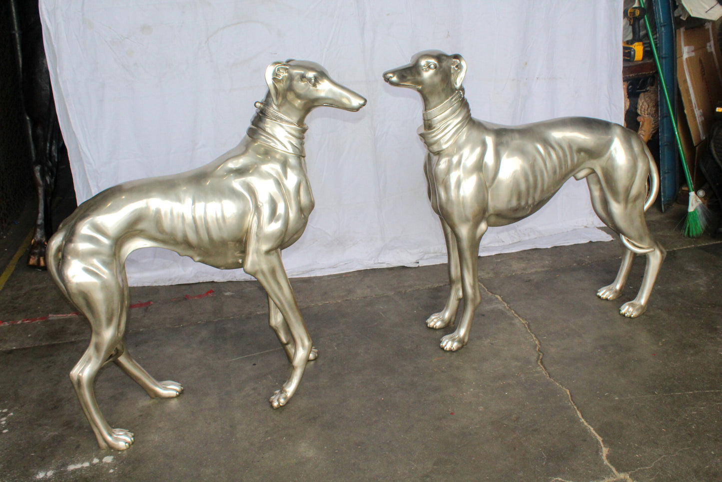 Pair of Greyhound Dogs Bronze Statues, Silver Plated Finish 48" x 12" x 40"H