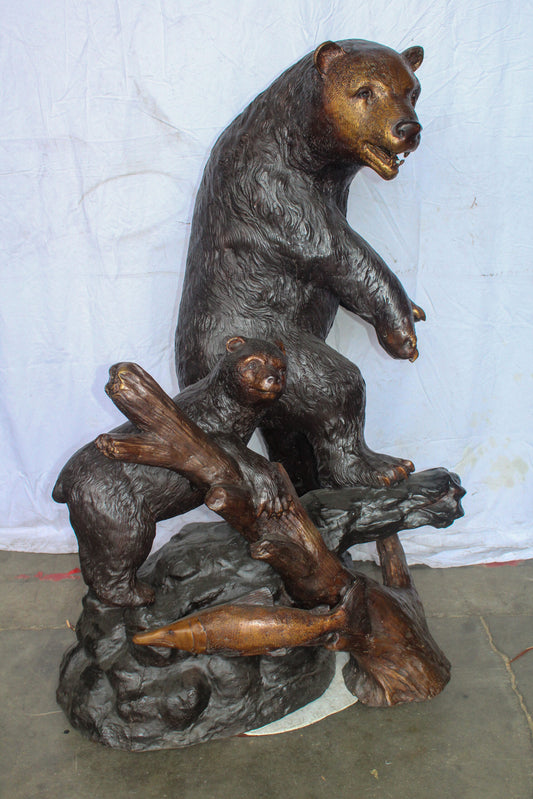 Giant Bronze Statue of a Standing Bear and Cub by the River 40" x 38" x 55"H