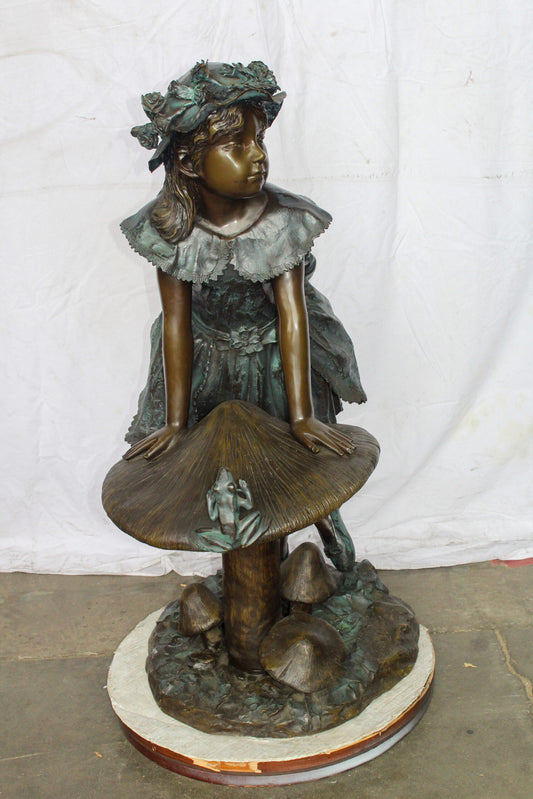 Elegant Girl Standing by a Frog on a Mushroom Bronze Fountain 31" x 20" x 43"H