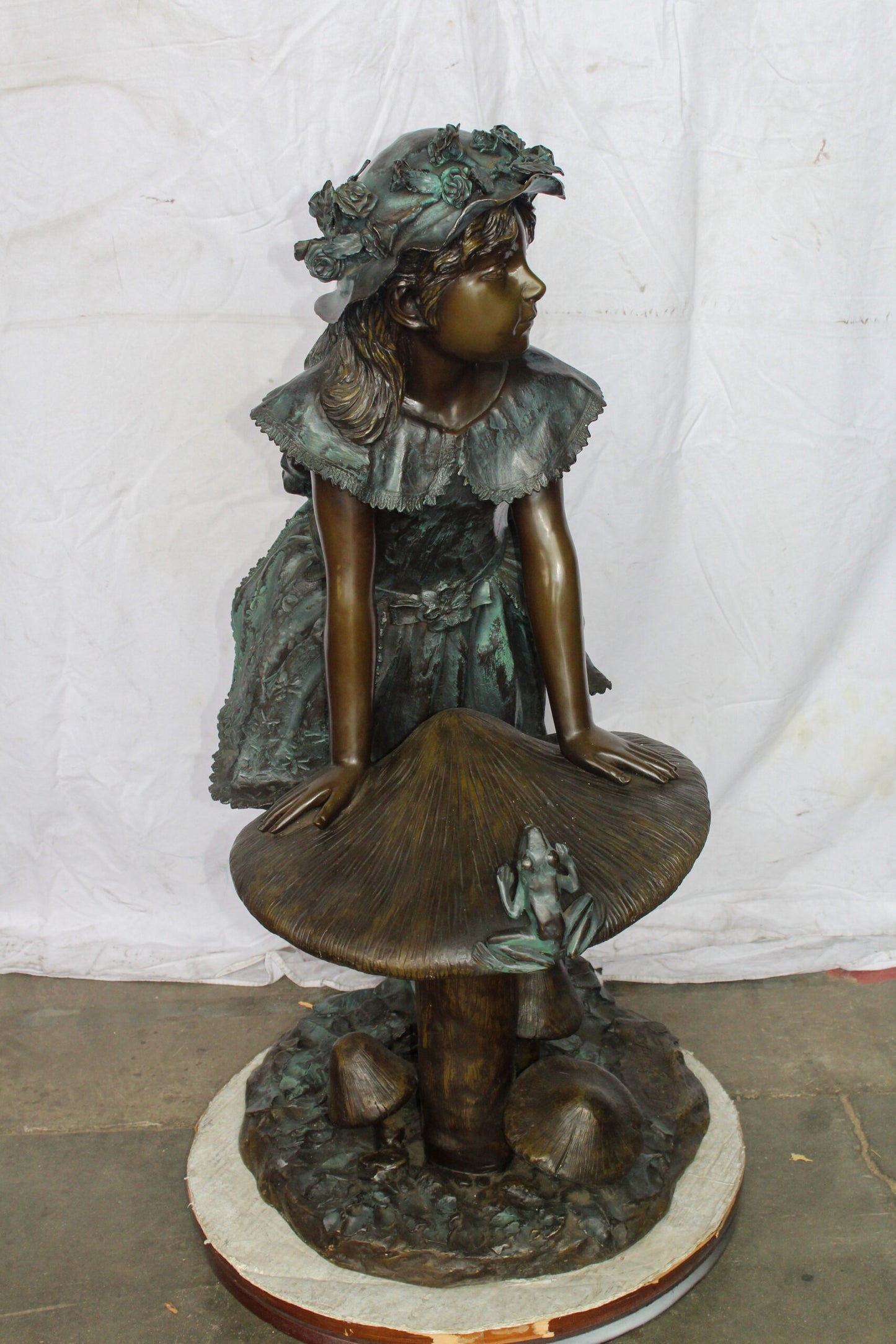 Elegant Girl Standing by a Frog on a Mushroom Bronze Fountain 31" x 20" x 43"H