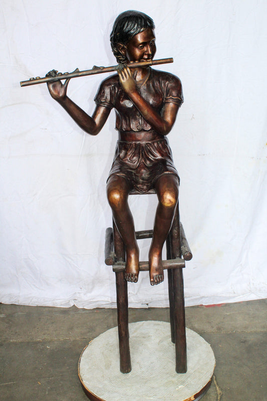 Young Girl Playing the Flute sitting on a Chair Bronze Statue 24" x 16" x 58"H