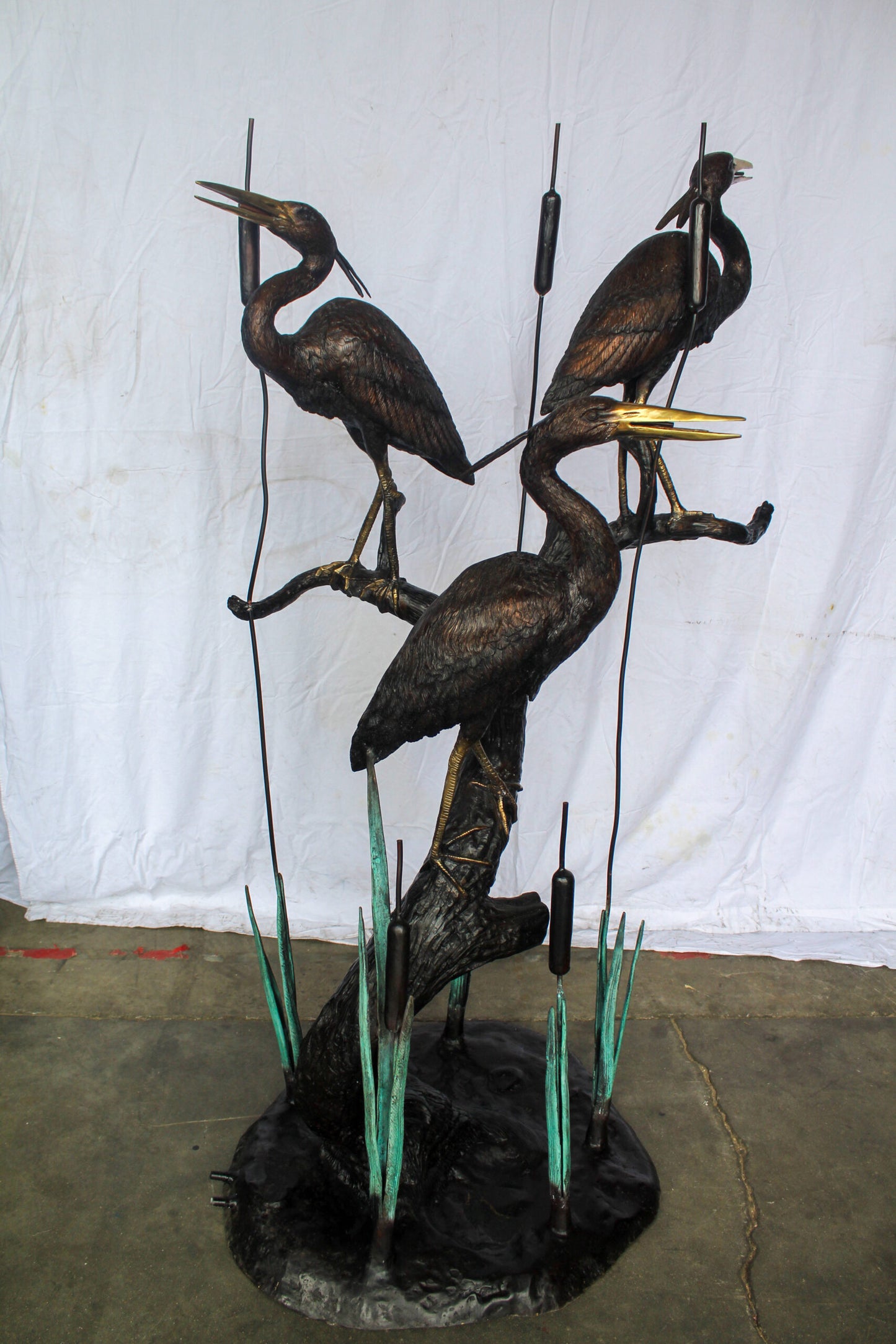 Three Life Sized Pelicans Standing, A Giant Bronze Fountain  38" x 32" x 71"H