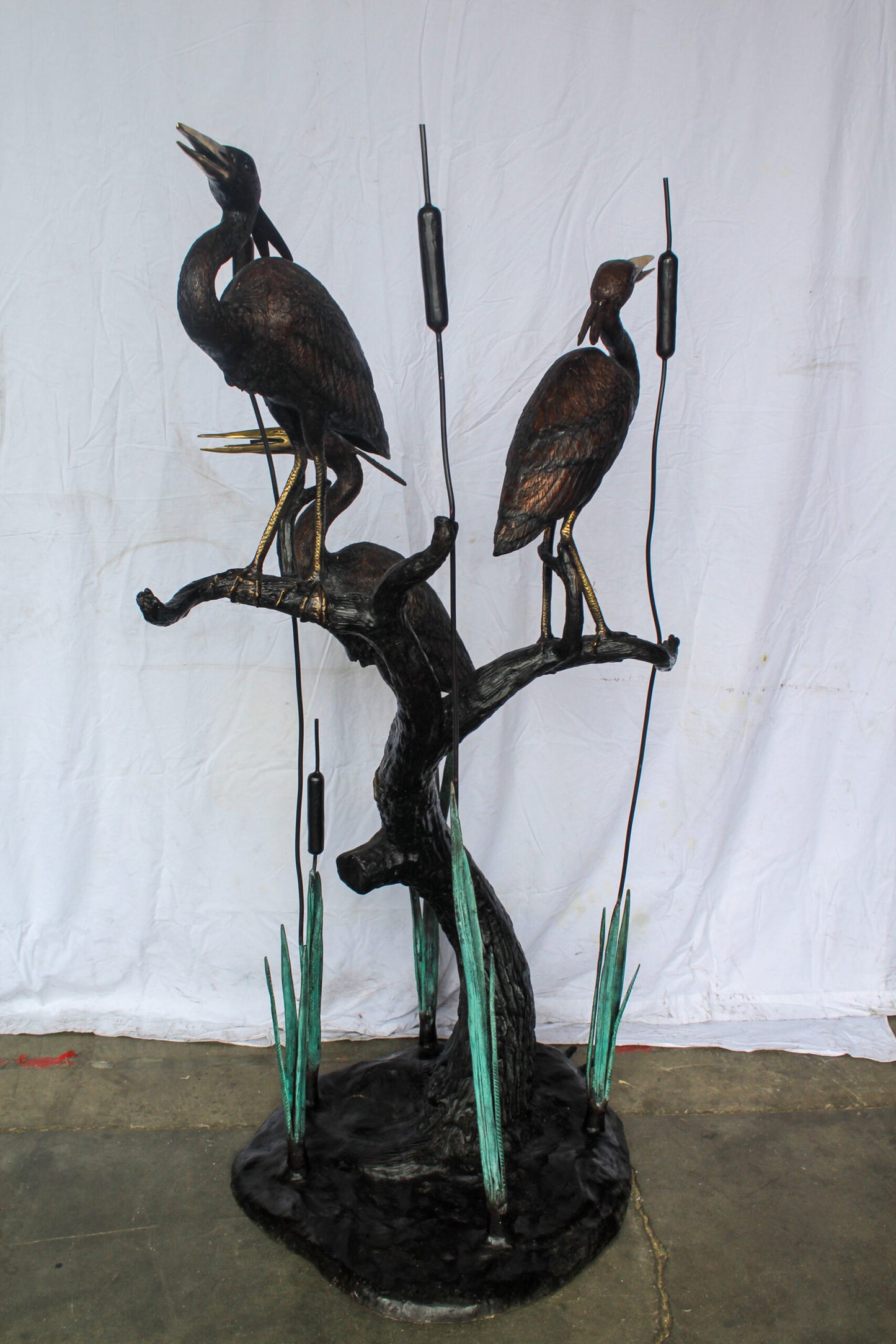 Three Life Sized Pelicans Standing, A Giant Bronze Fountain 38" x 32" x 71"H