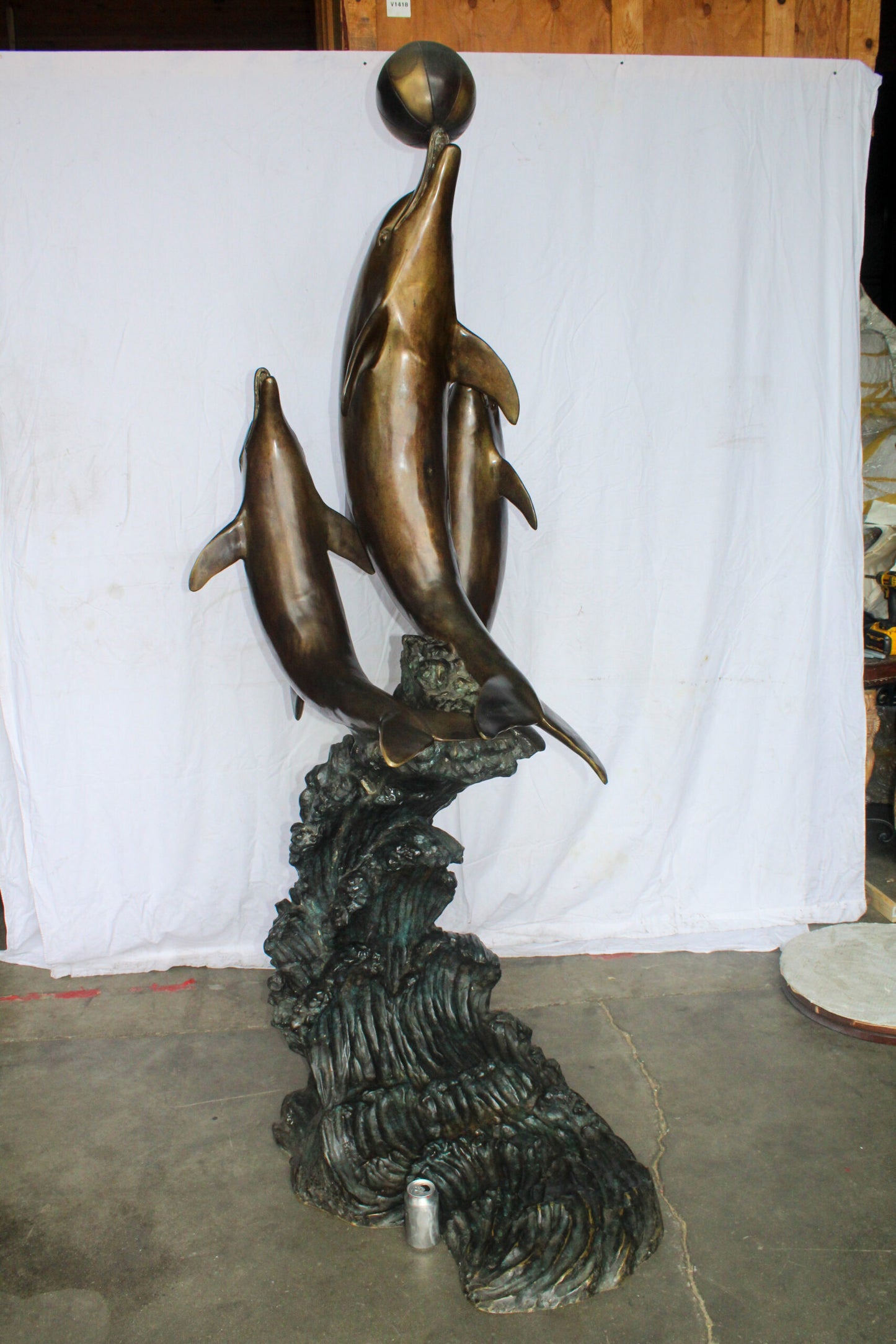 Three Dolphins Performing with Beach Ball Giant Bronze Fountain 41" x 27" x 91"H