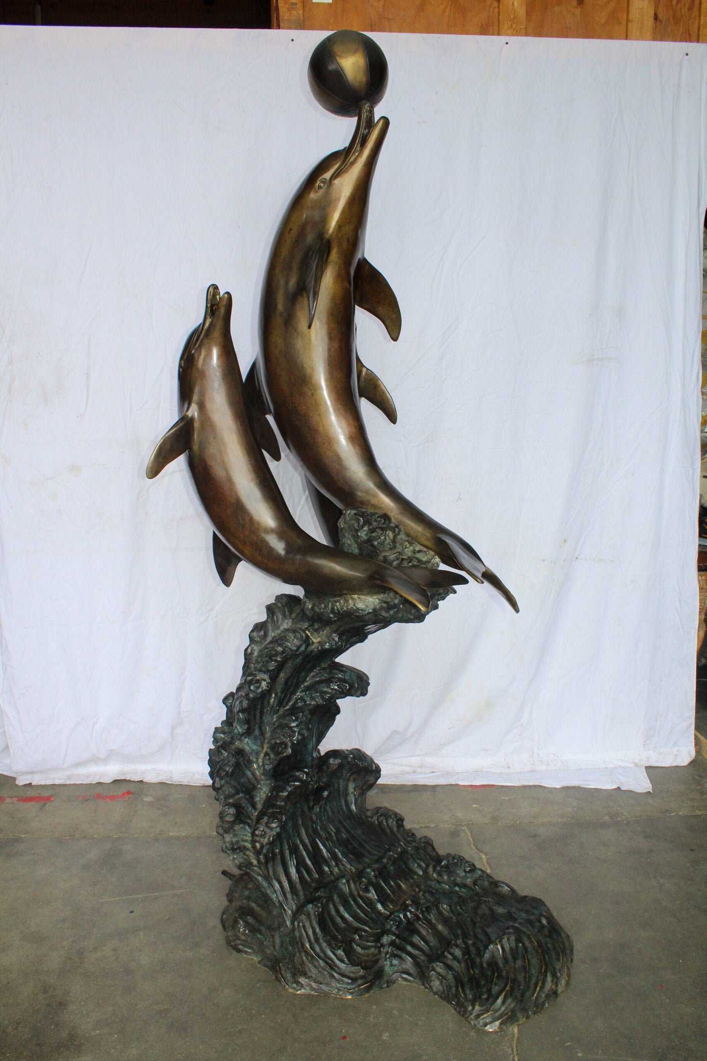 Three Dolphins Performing with Beach Ball Giant Bronze Fountain 41" x 27" x 91"H